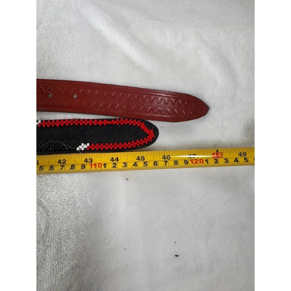 Set of 2 Mens Maasai Beaded Leather Belts Kenyan Flag Shield Black Red 45-47 in